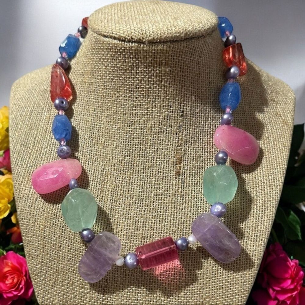 Handcrafted Natural Gemstone & Artisan Glass Bead Necklace One of a Kind 14”